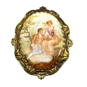 Antique Victorian Courting Couple Porcelain Brass Pin Brooch C Clasp 1.5"